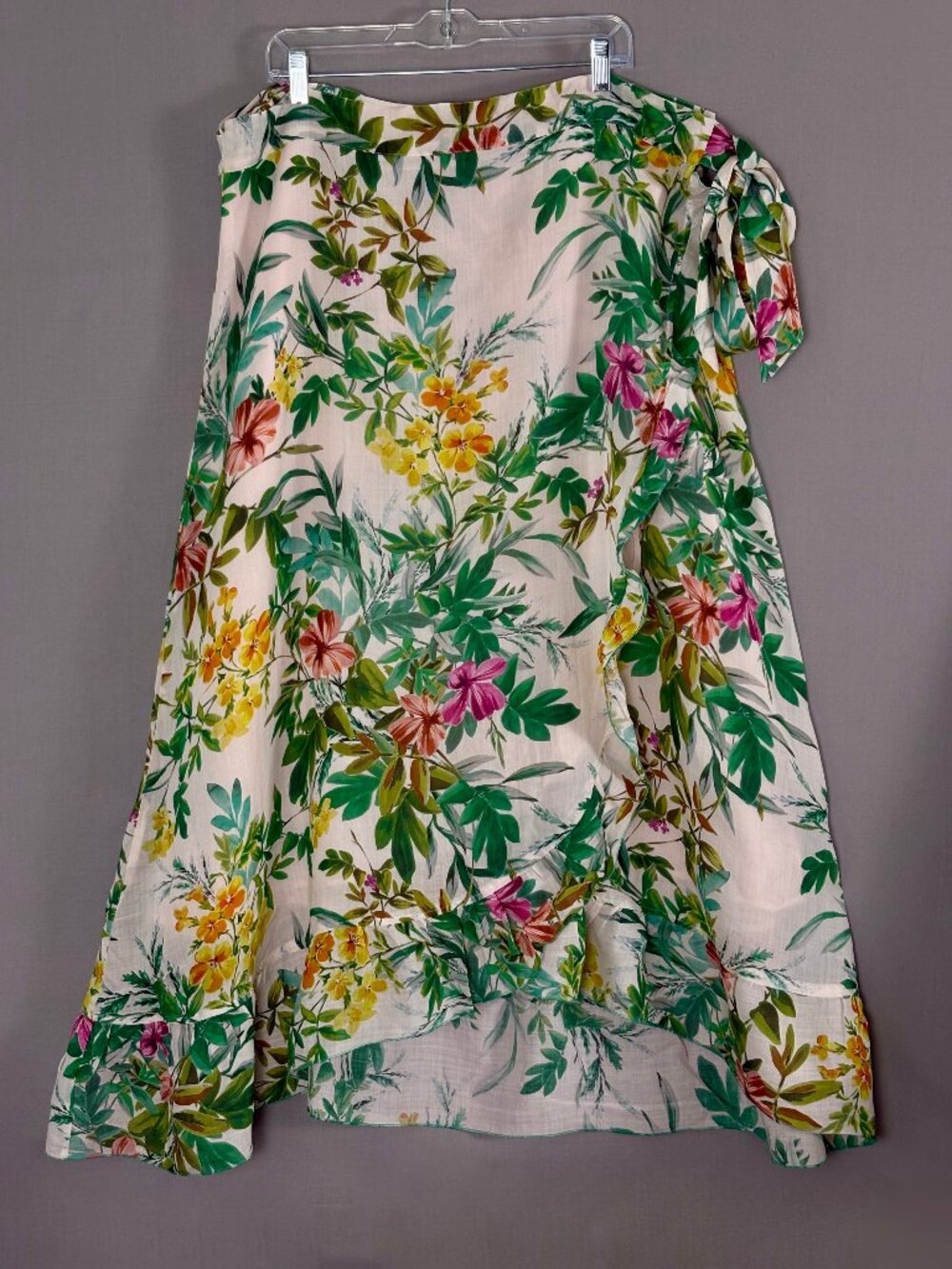 Johnny Was Workshop Tropical Floral Wrap Skirt XL Ramie Ruffle Midi